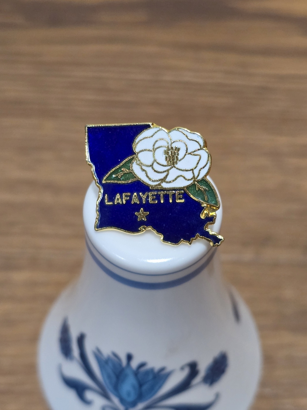 Vintage Lafayette Louisiana State Flower Enamel Pin - Navy & White